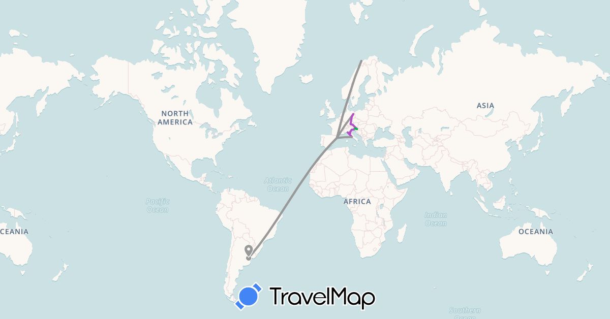 TravelMap itinerary: driving, bus, plane, train in Argentina, Austria, Germany, Spain, Croatia, Italy, Norway, Slovenia (Europe, South America)